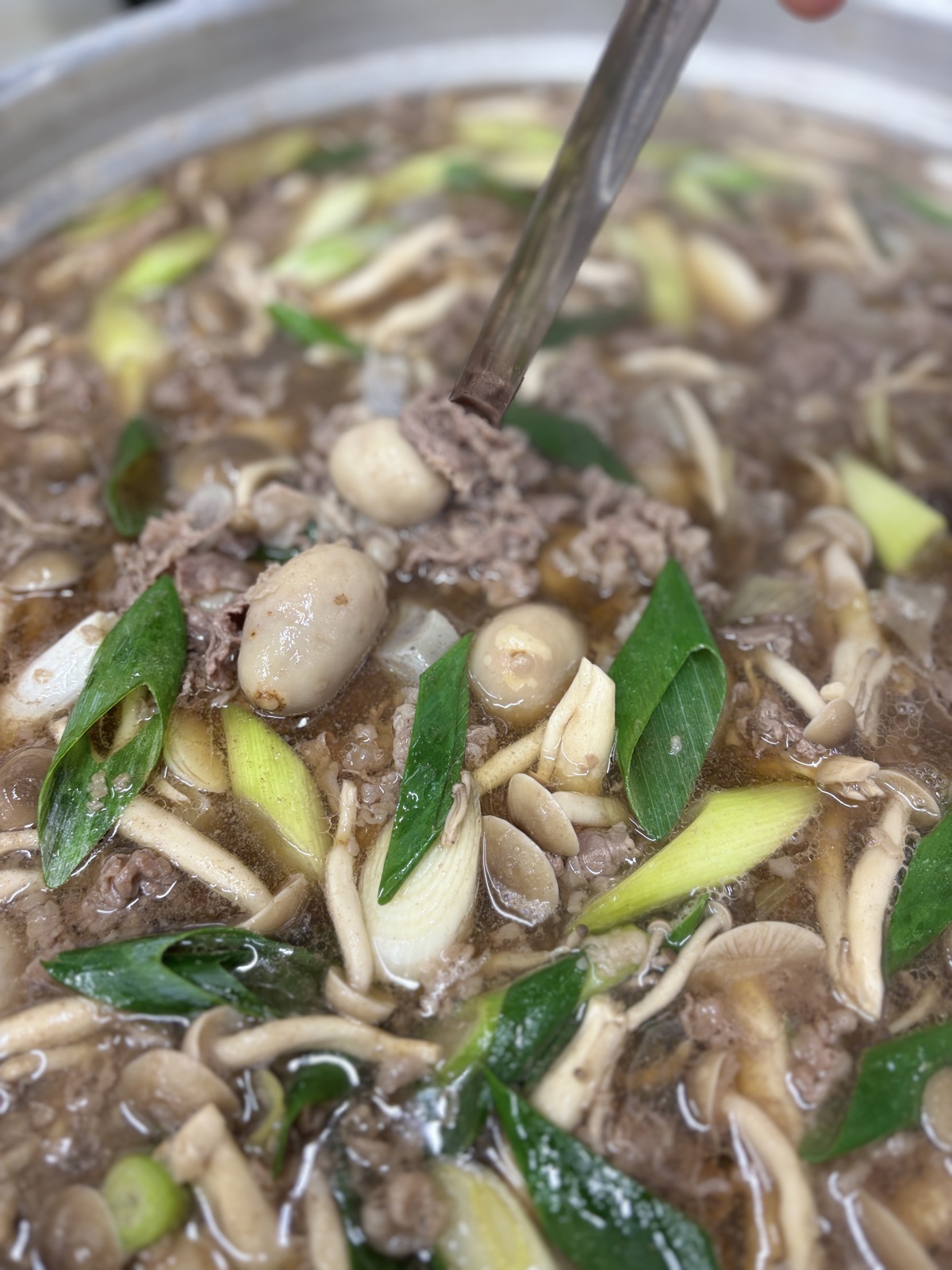 牛肉やきのこ、ねぎがたっぷり入った大鍋の芋煮