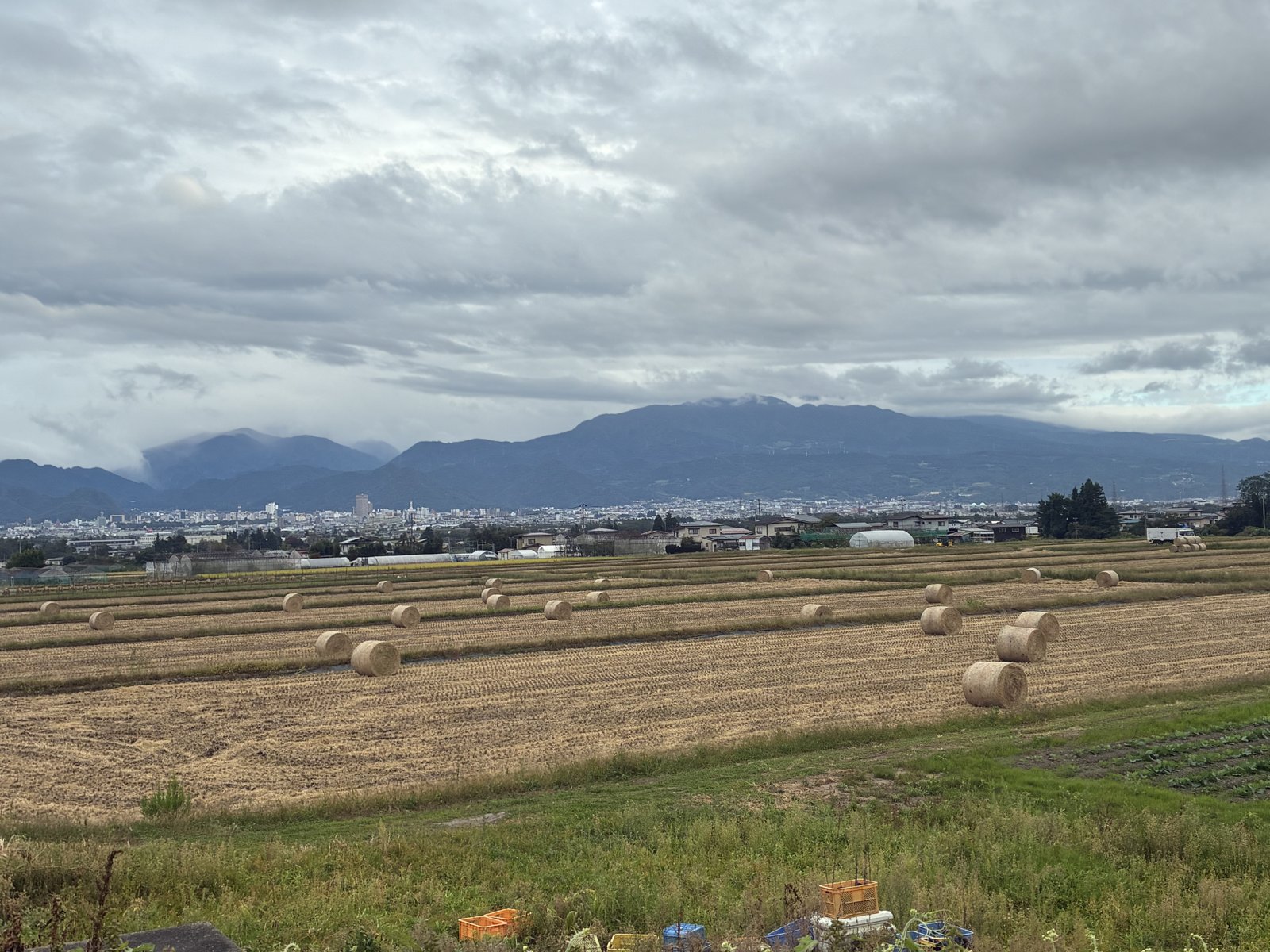 山並みを望む田んぼに点在するワラのロール
